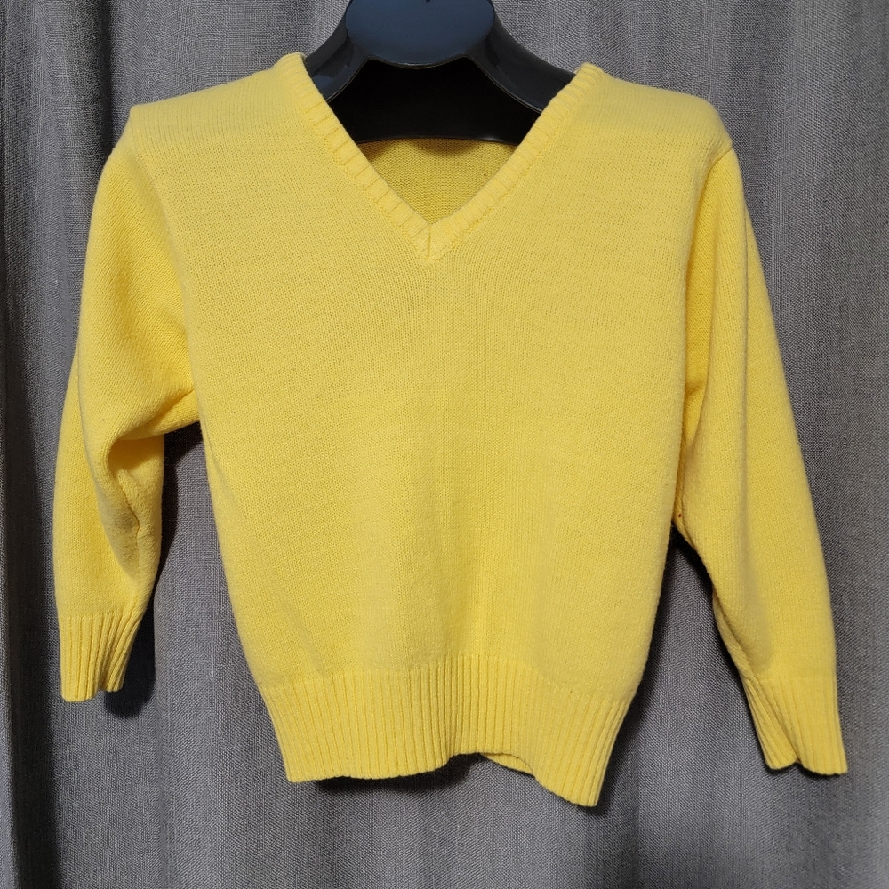 Yellow V Neck Knitted Three Quarter Sleeve Sweater Fits XS-Small